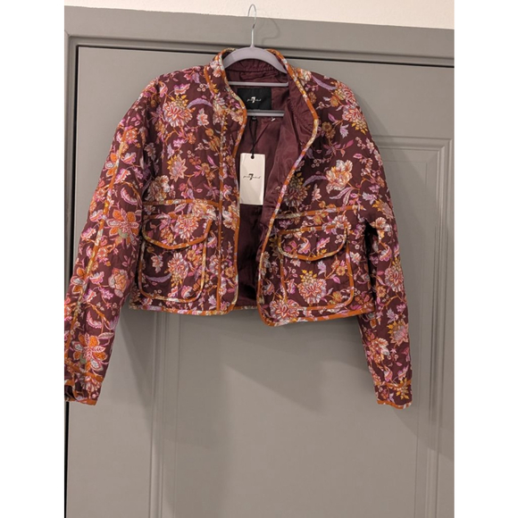 Women's 7 For All Mankind S Burgundy Floral Quilted Puffer Jacket - Picture 3 of 13